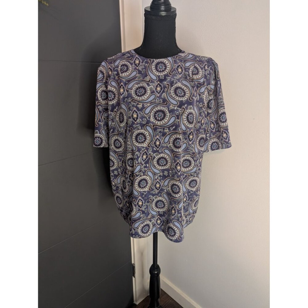 90's Christie & Jill Purple and Blue Paisley Mandala Print Short Sleeve Blouse M